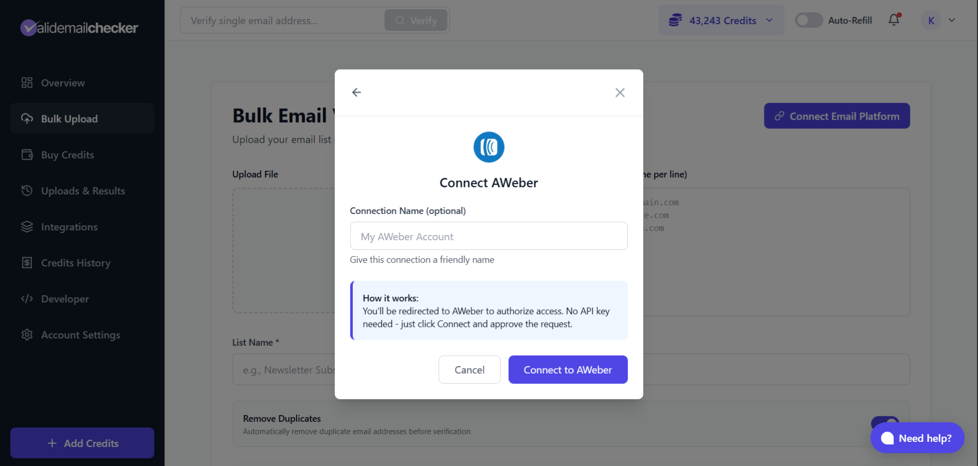 AWeber connection modal with optional name field