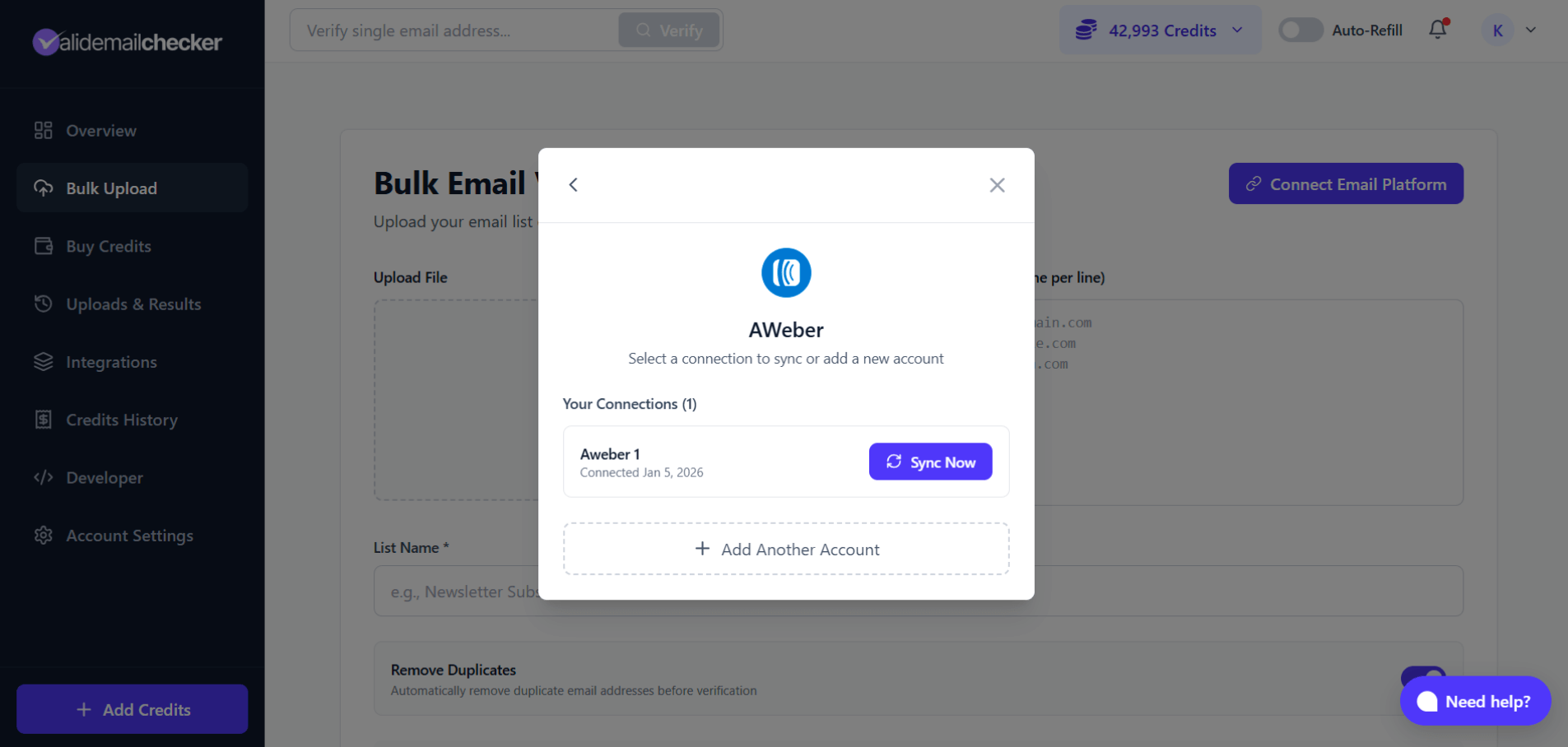 AWeber connection picker showing connected accounts