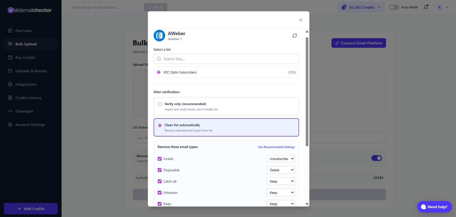 AWeber list selector with subscriber counts and verification options