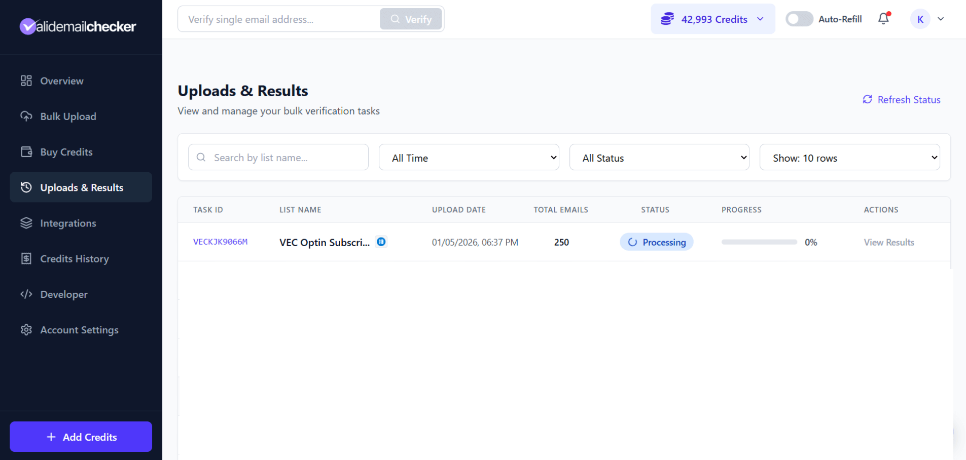 Uploads &amp; Results page showing AWeber verification in progress