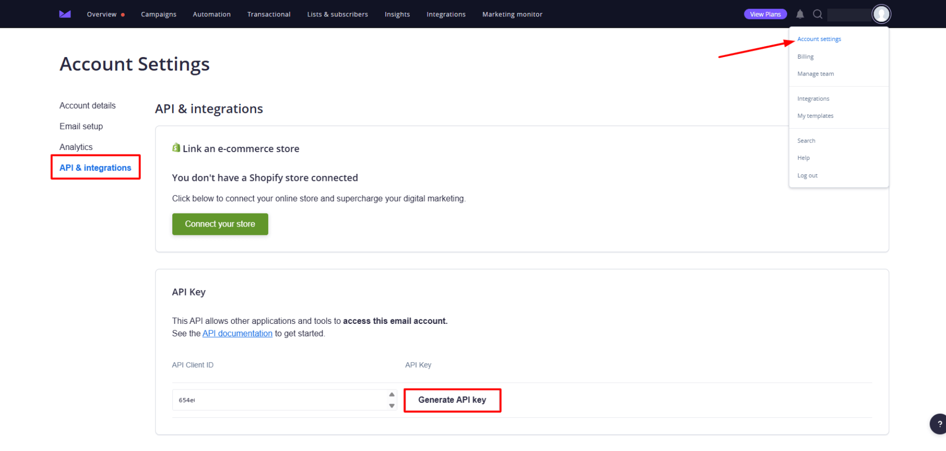 Campaign Monitor Account Settings showing API &amp; integrations section