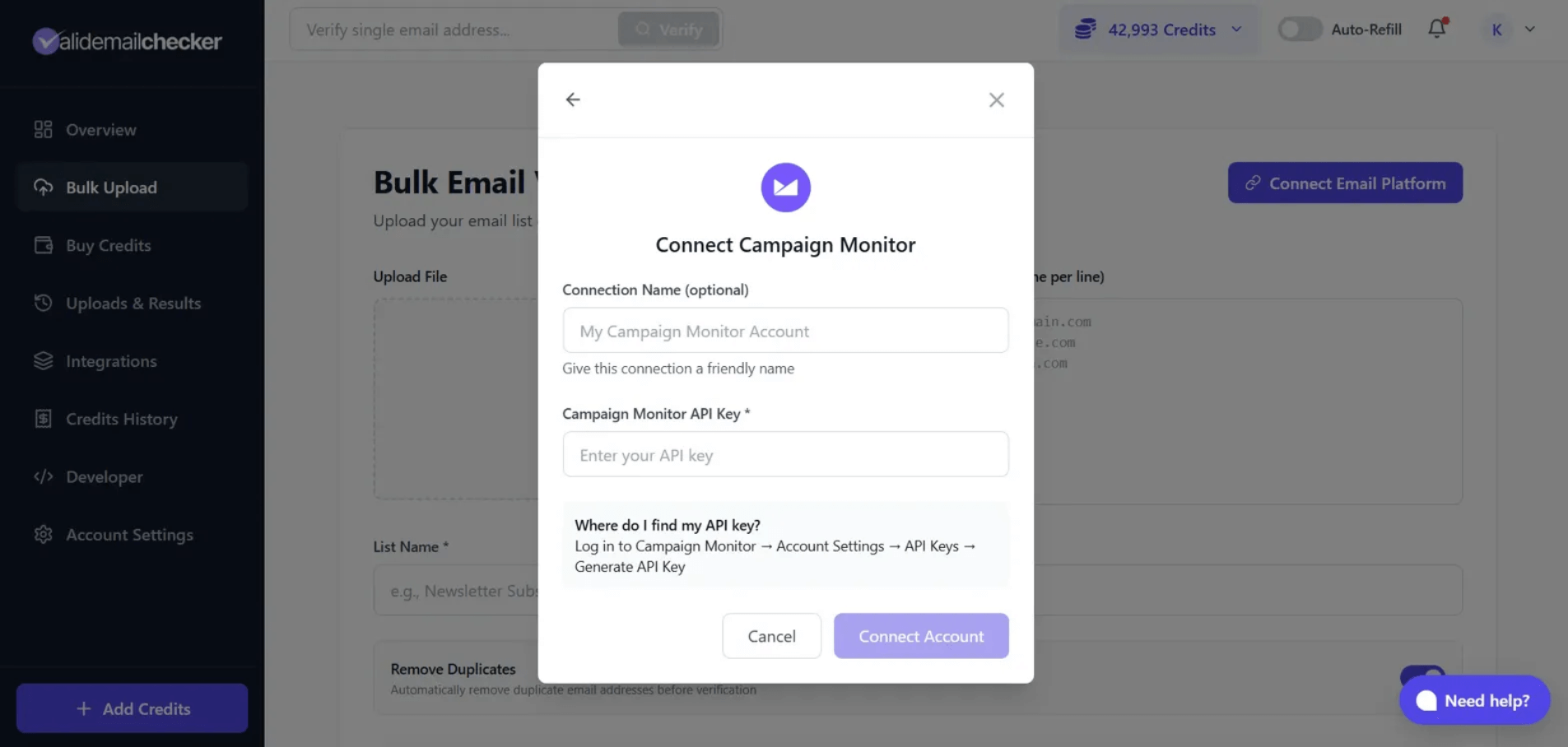 Campaign Monitor connection modal with API key field