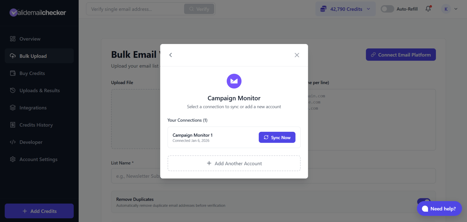 Campaign Monitor connection picker showing connected accounts