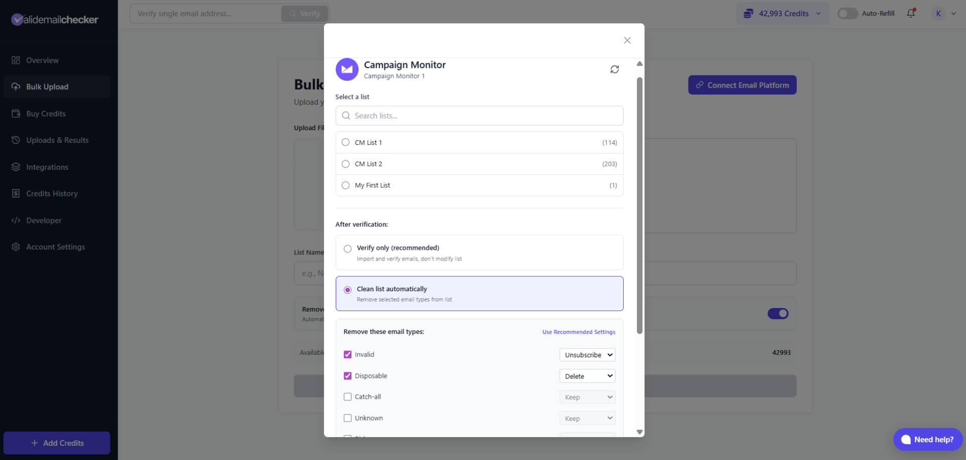 Campaign Monitor list selector with subscriber counts and verification options