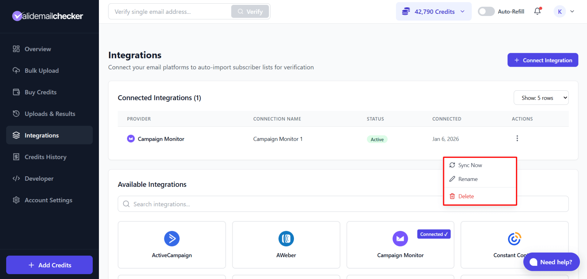 Integrations page showing connected Campaign Monitor account with management options