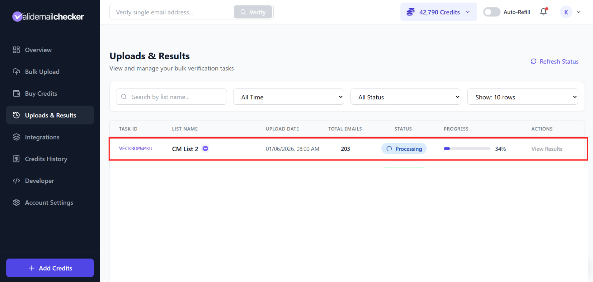 Uploads &amp; Results page showing Campaign Monitor verification in progress