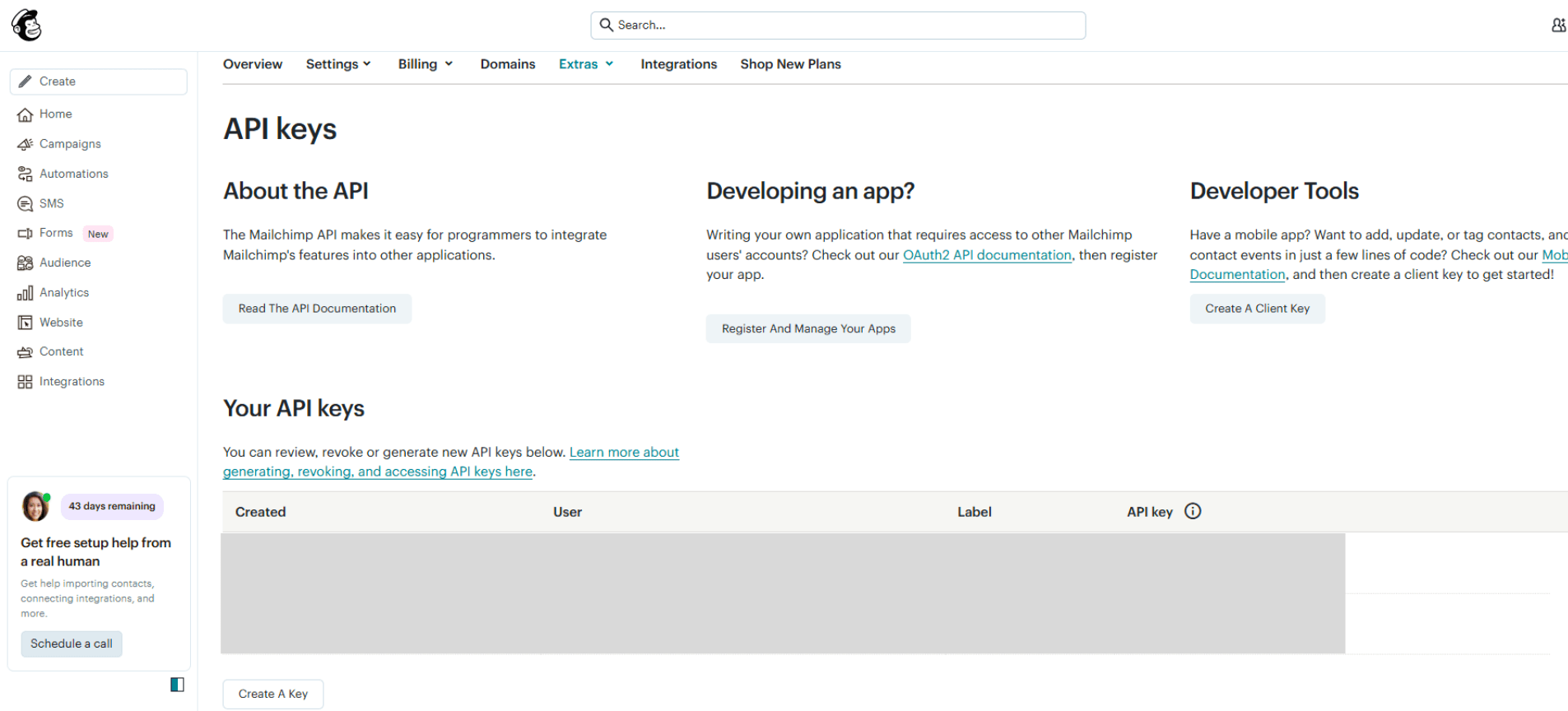 Mailchimp API keys page showing where to create a new key