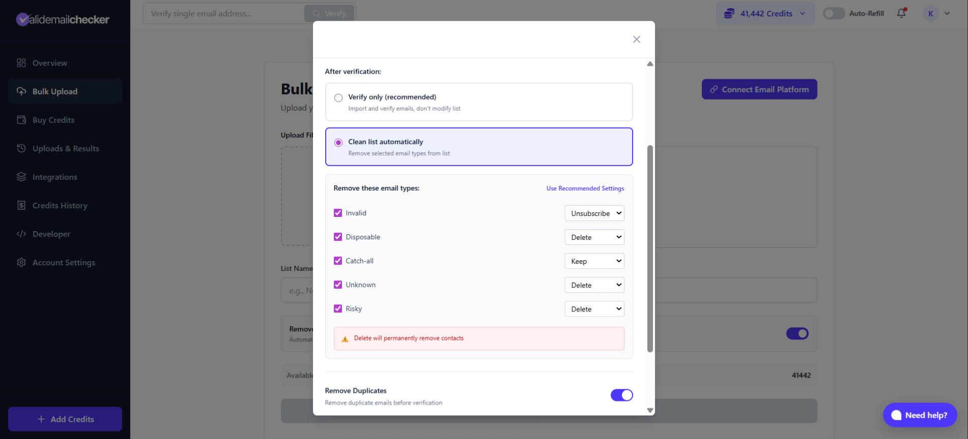 Clean list automatically options showing actions for different email types