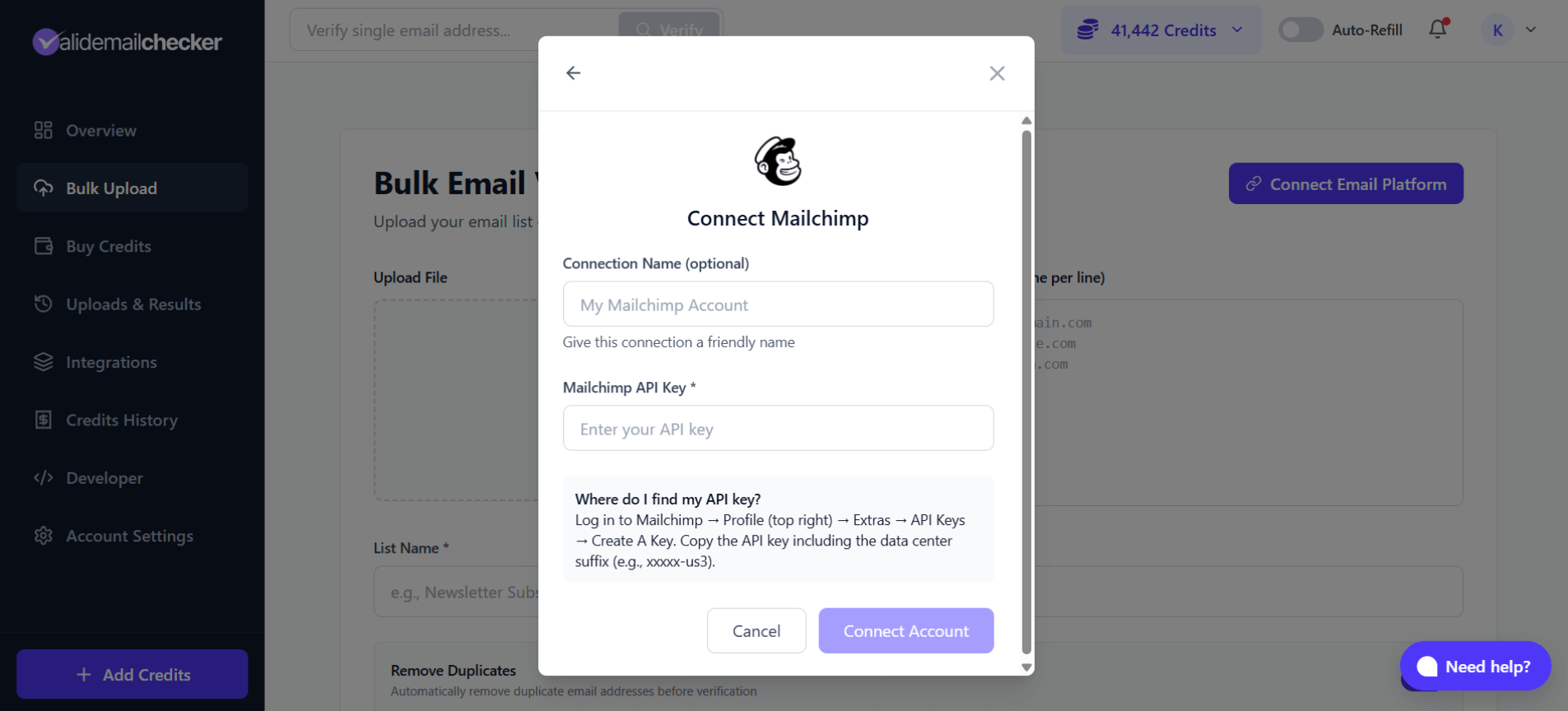 Connect Mailchimp modal in Valid Email Checker