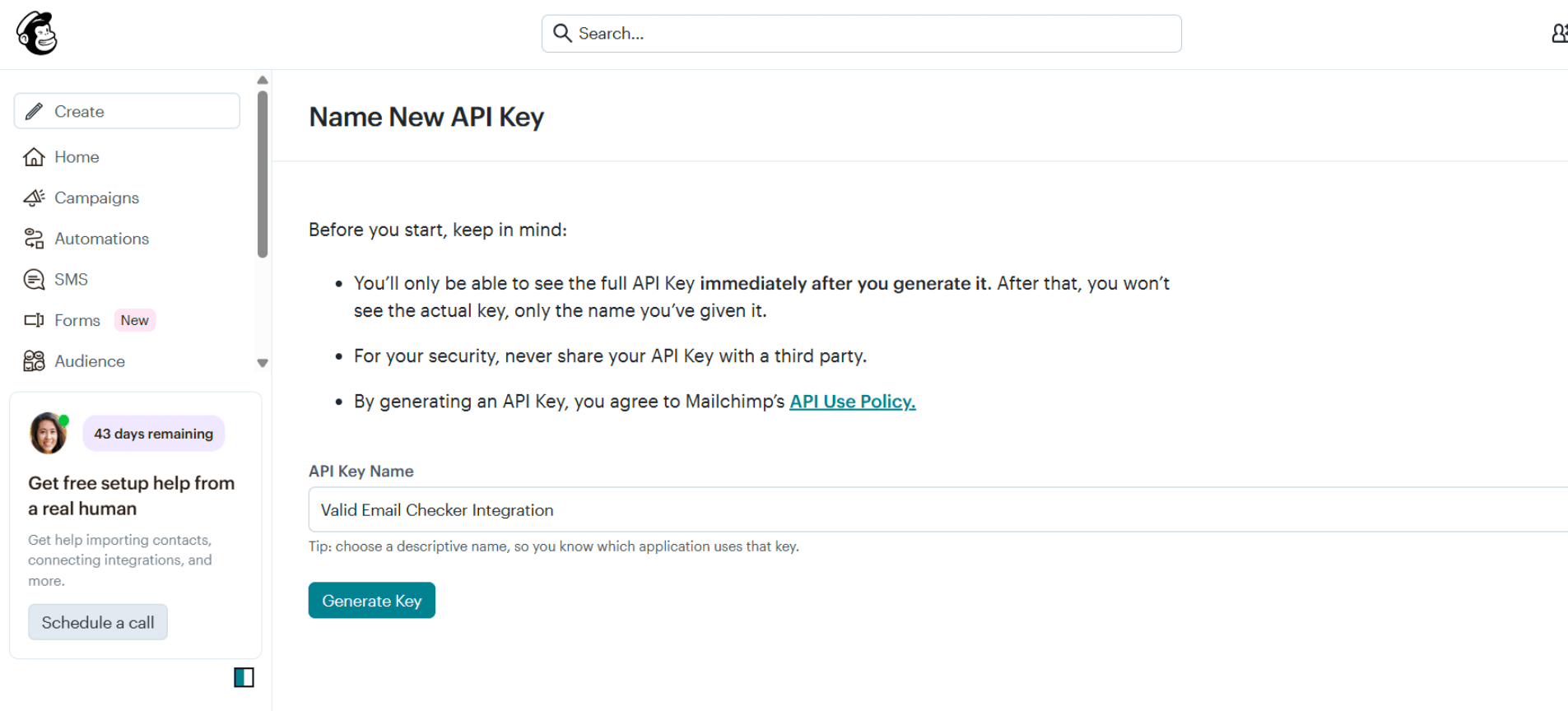 Creating a new API key in Mailchimp with a descriptive name