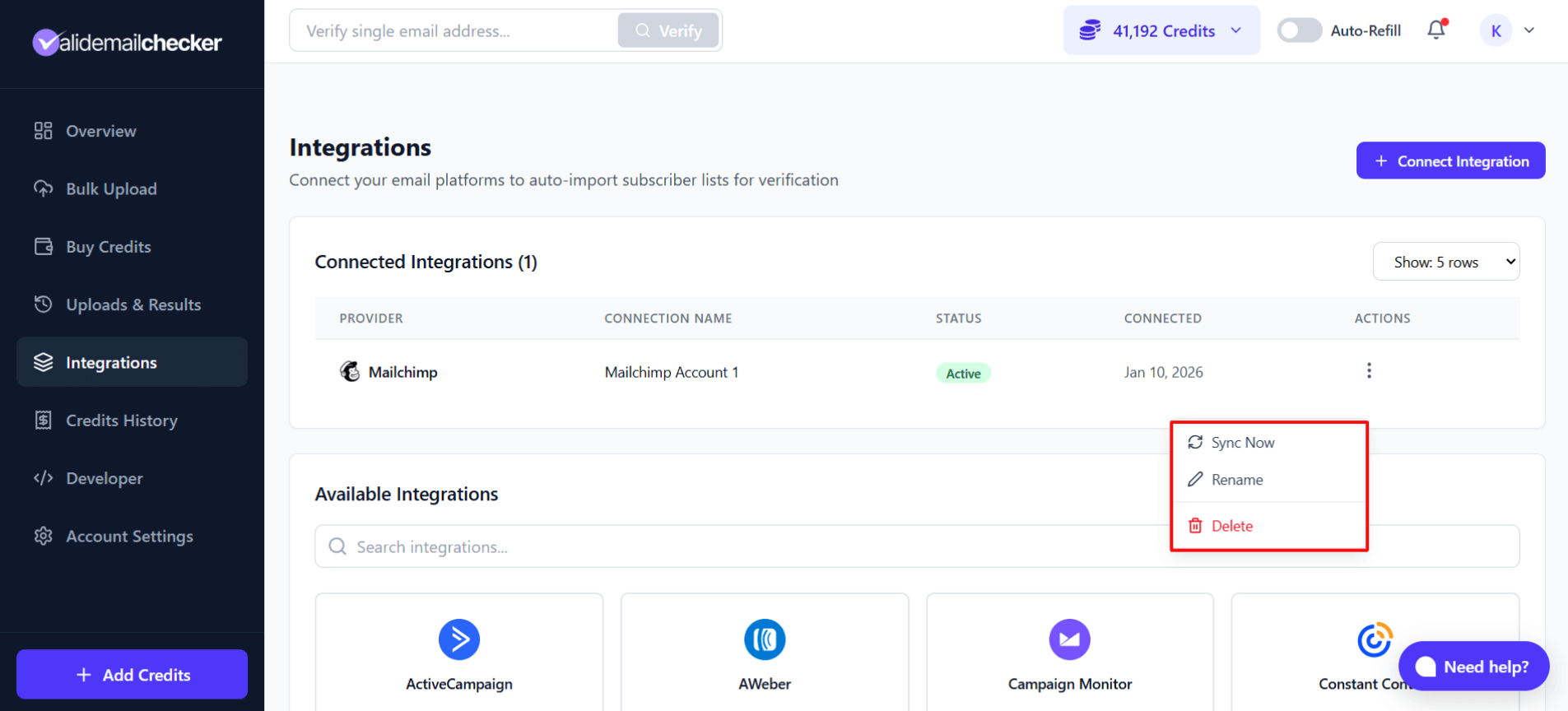 Integrations page showing connected Mailchimp account with management options