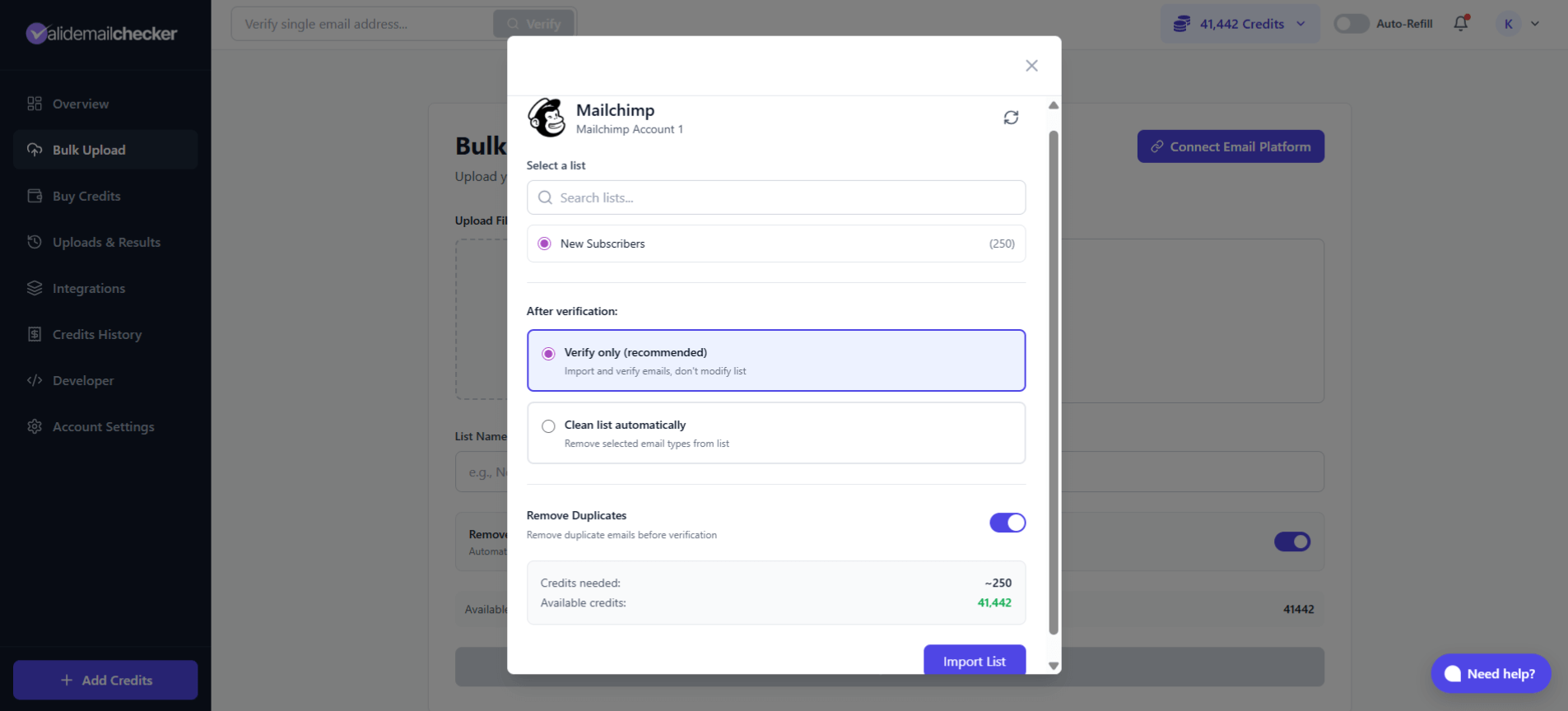 Selecting a Mailchimp audience to verify in Valid Email Checker