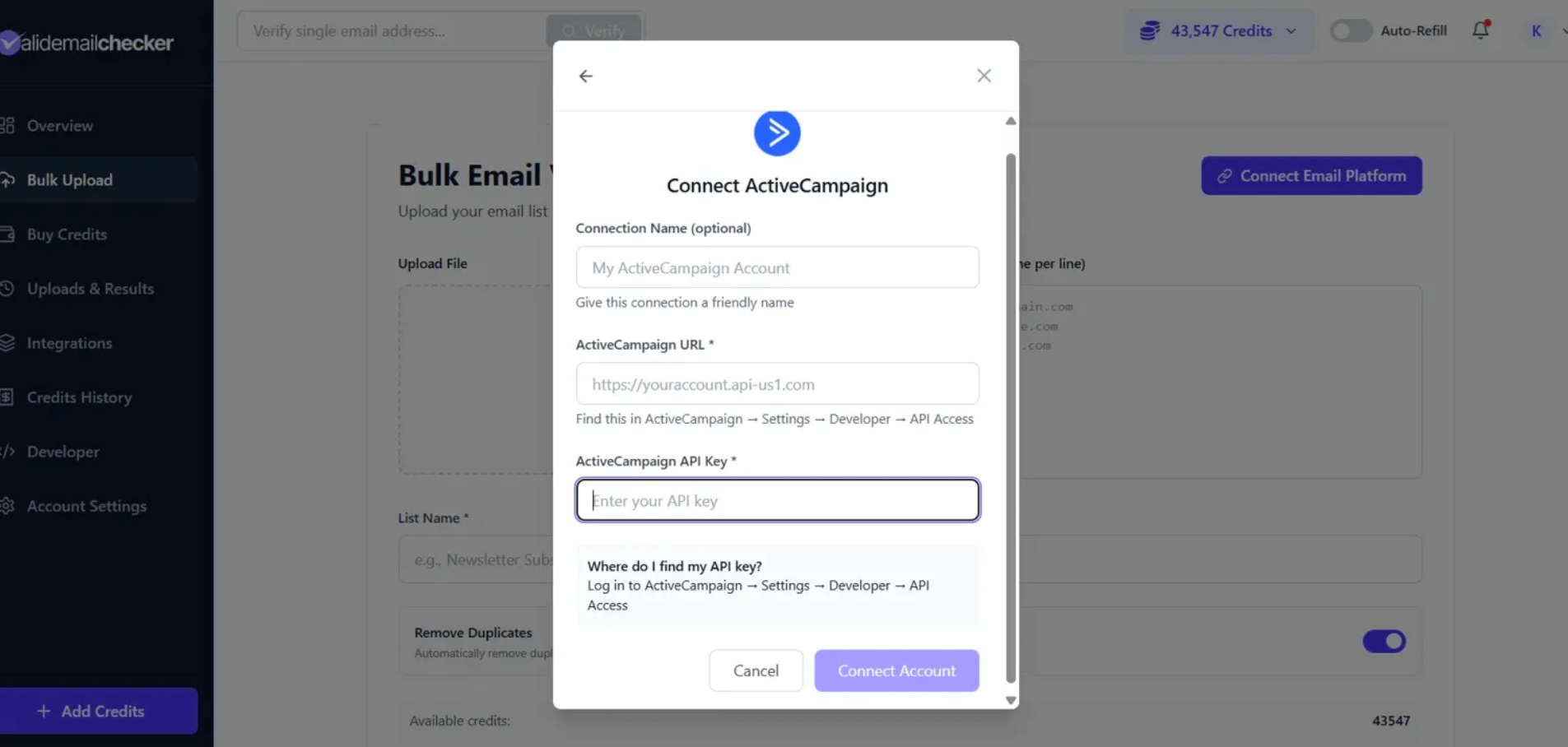 Connect ActiveCampaign modal with URL and API Key input fields