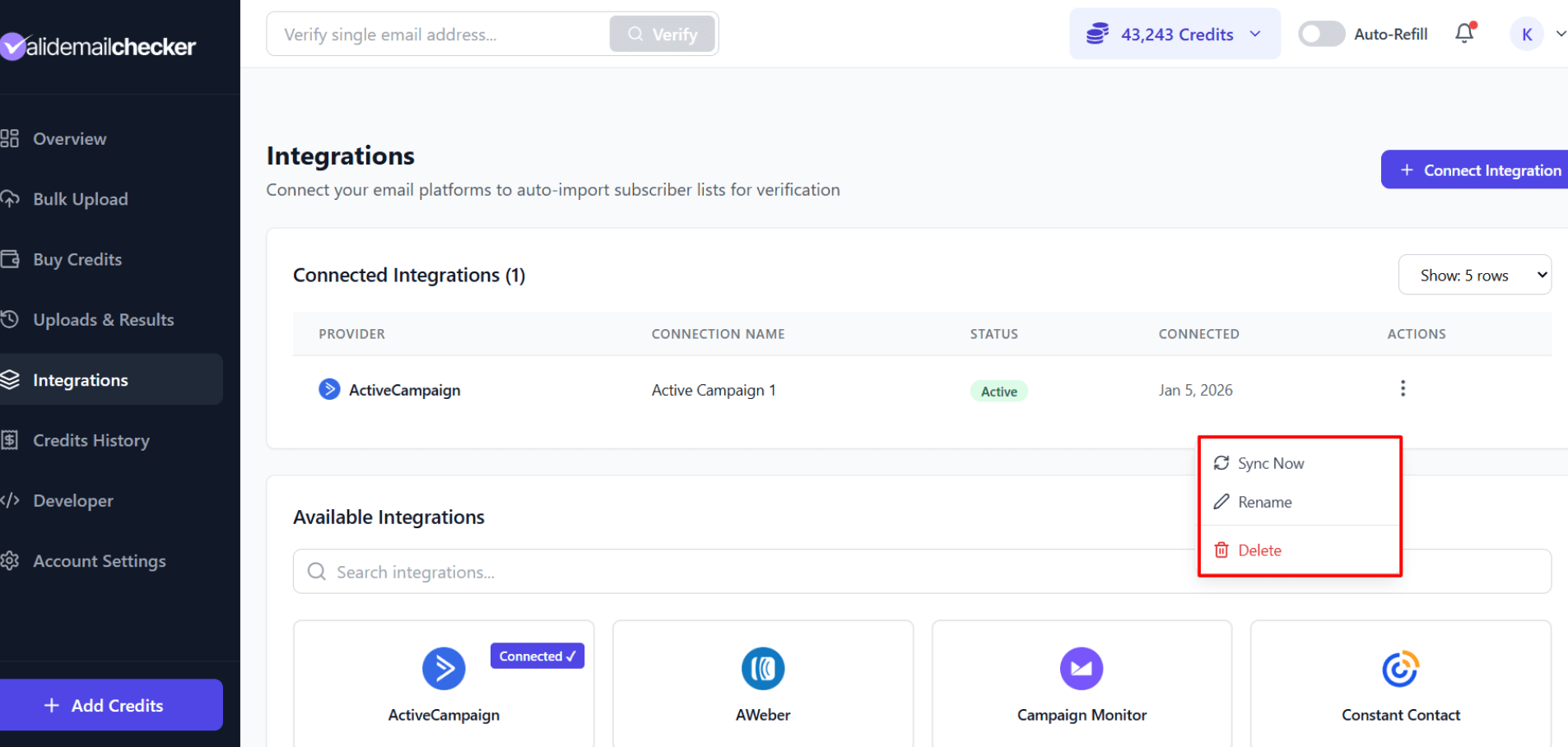 Integrations page showing connection management menu with Sync Now, Rename, and Delete options