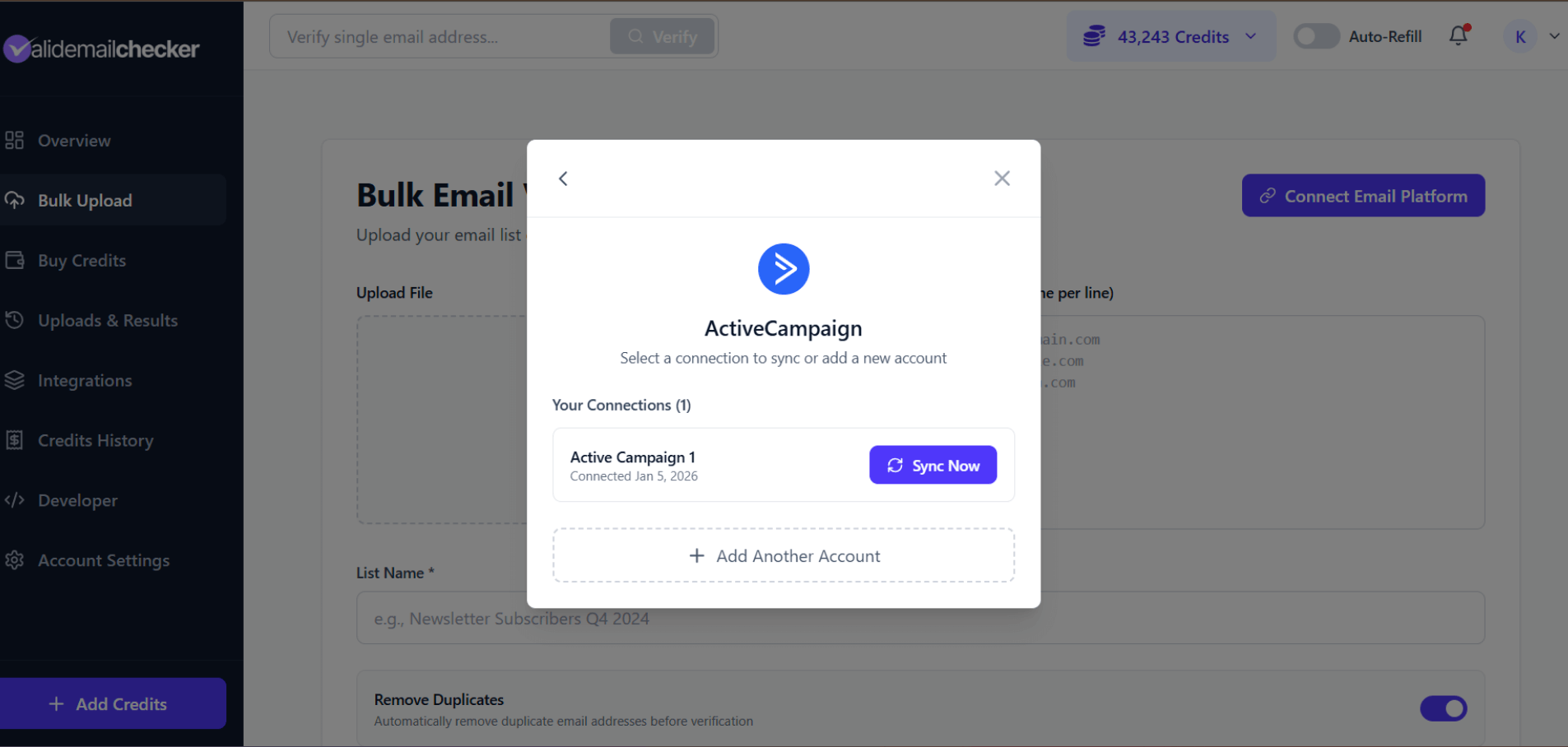 Connection picker showing multiple ActiveCampaign accounts with Add Another Account option