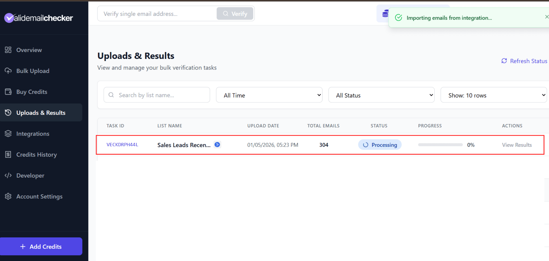 Uploads &amp; Results page showing verification processing status