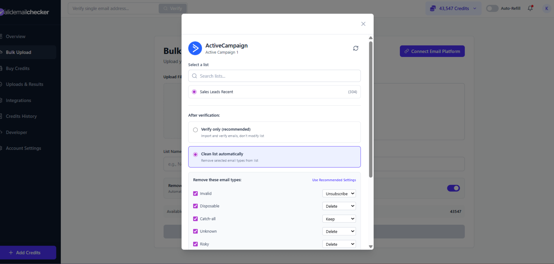 ActiveCampaign list selector showing available lists with contact counts and verification options