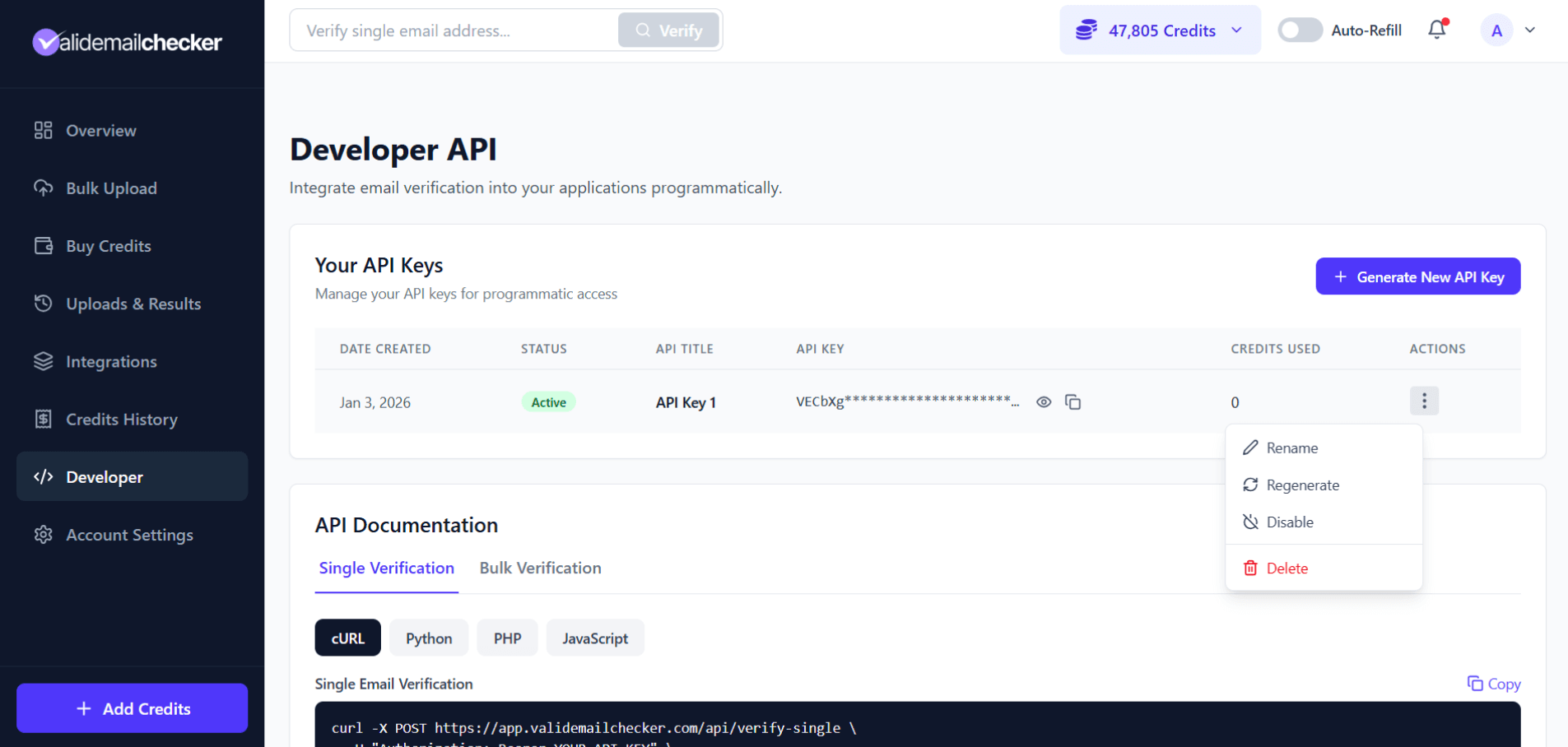 API keys table with management options