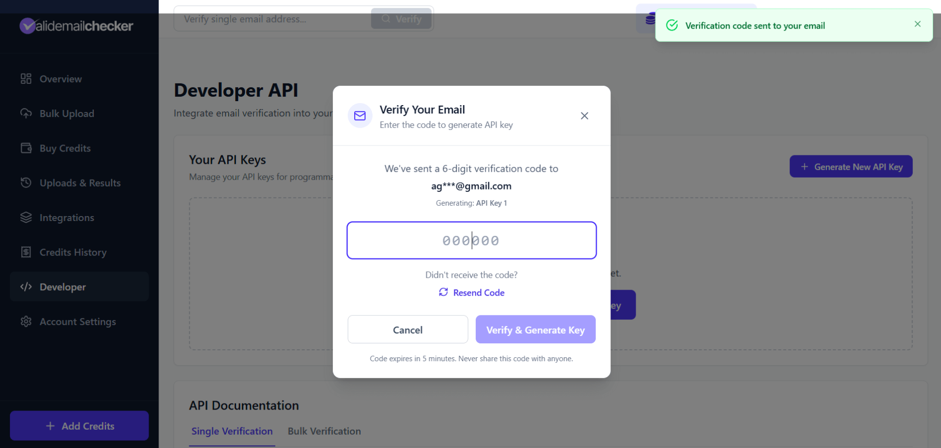 Email verification modal for API key generation