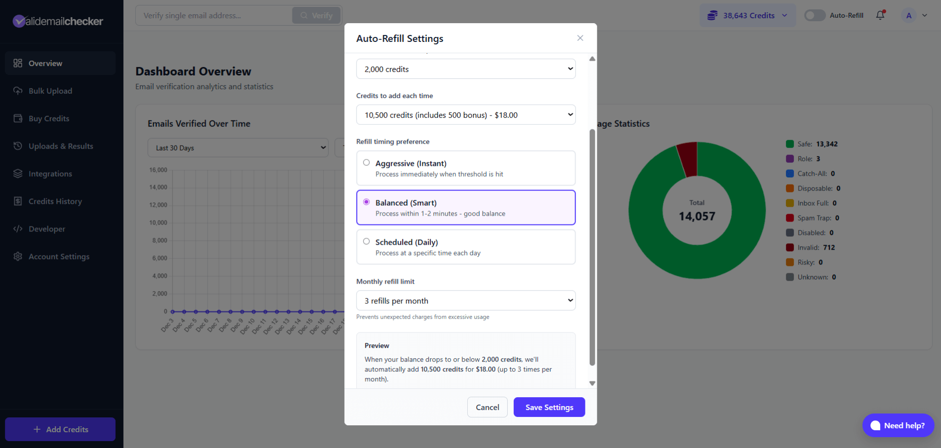 Auto-Refill Settings modal with all configuration options
