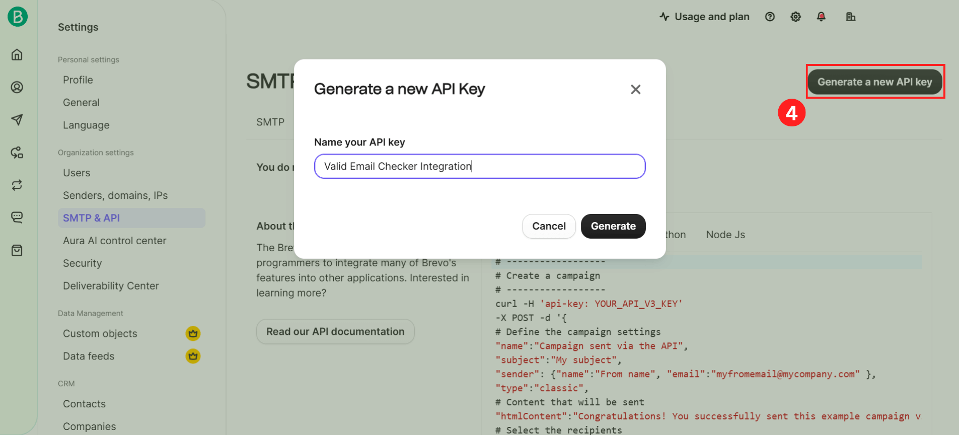 Brevo Generate API Key modal with name field