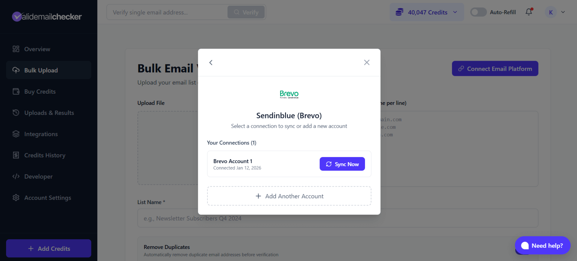 Multiple Brevo accounts modal showing existing connection and add option