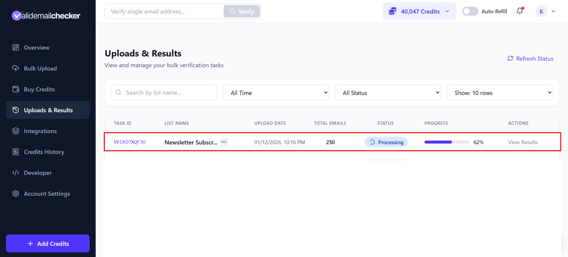 Uploads & Results showing Brevo verification in progress at 62%