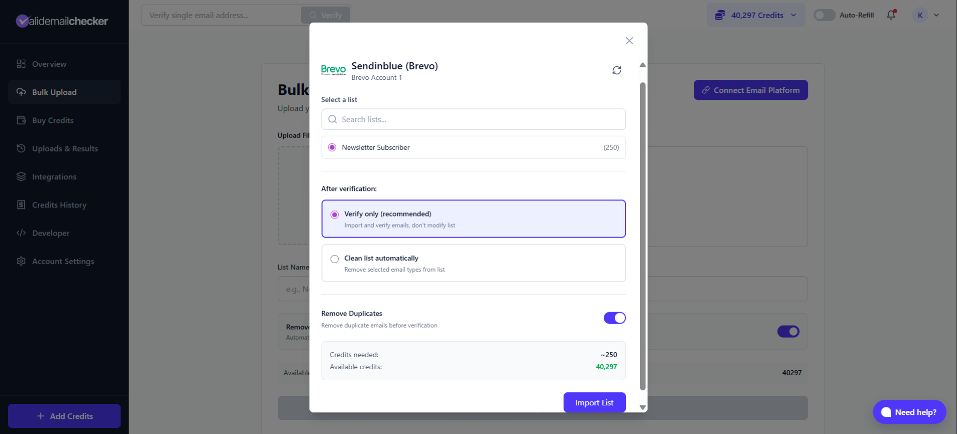 Brevo list selection in Valid Email Checker showing Newsletter Subscriber list