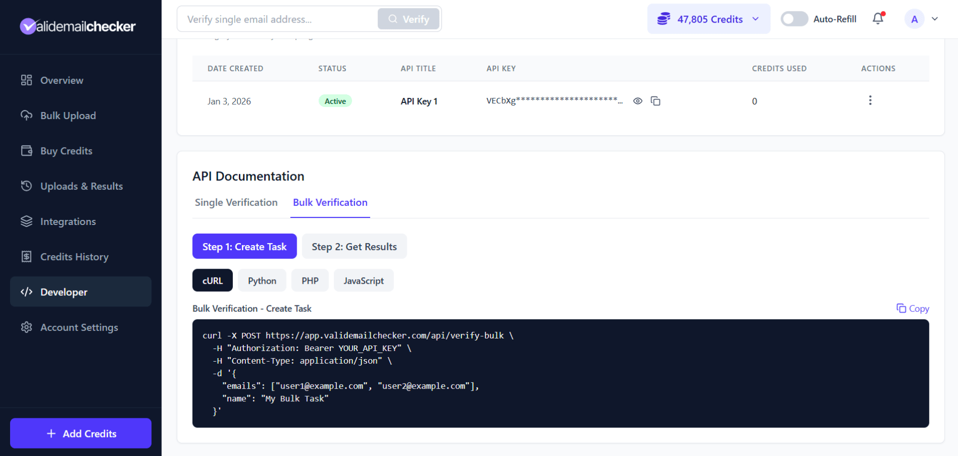 Bulk Verification Step 1 - Create Task