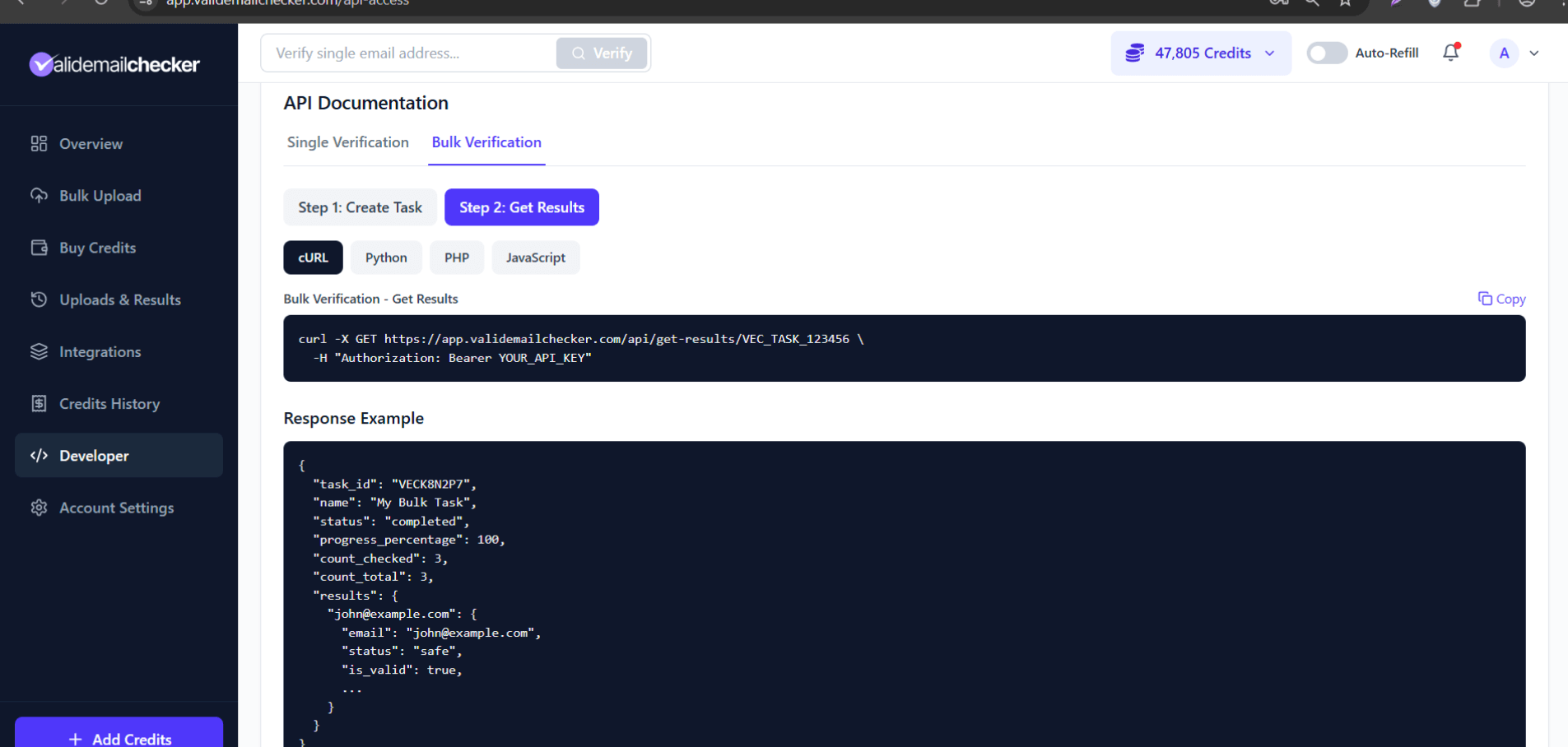 Bulk Verification Step 2 - Get Results