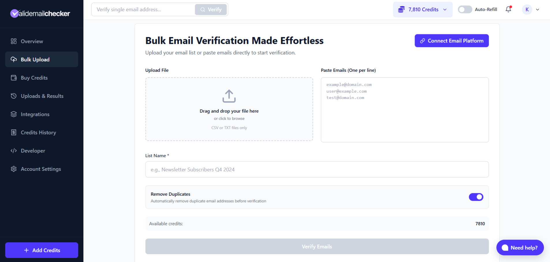 Valid Email Checker bulk upload interface