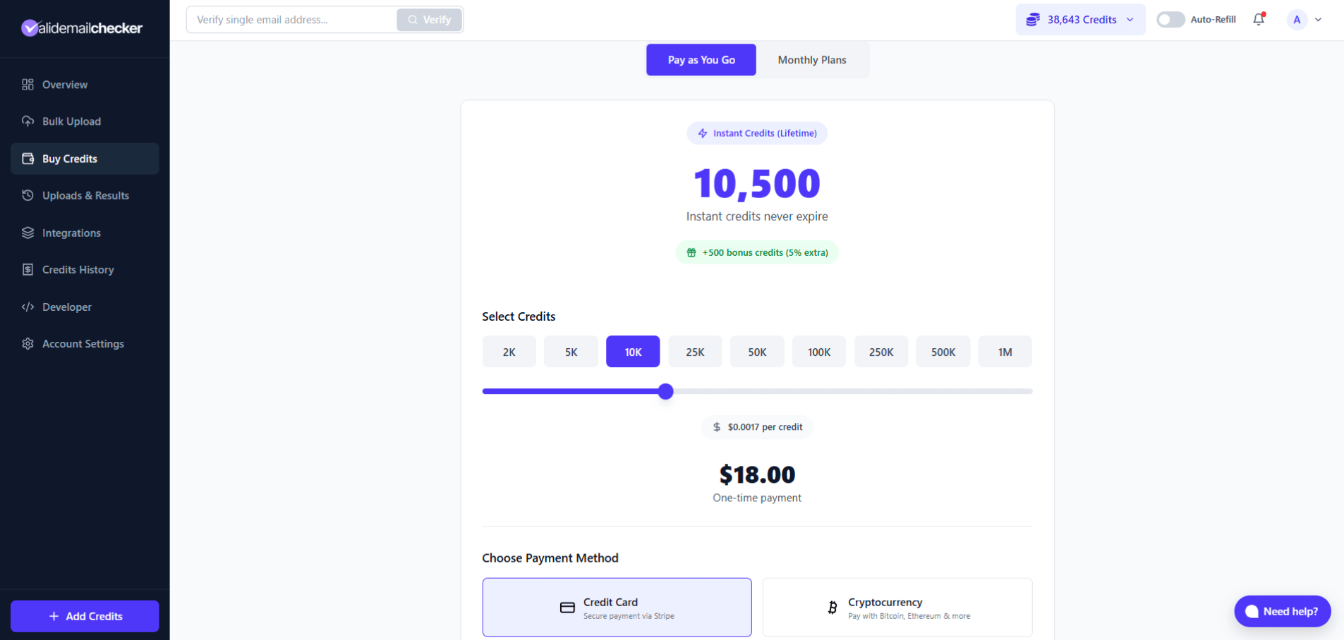 Valid Email Checker Buy Credits page showing PAYG pricing tiers