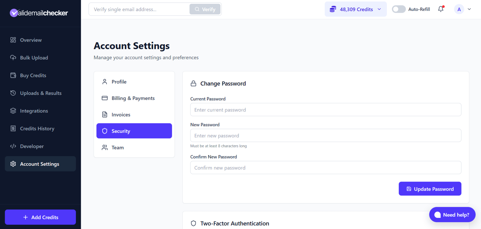 Change Password section in Security settings