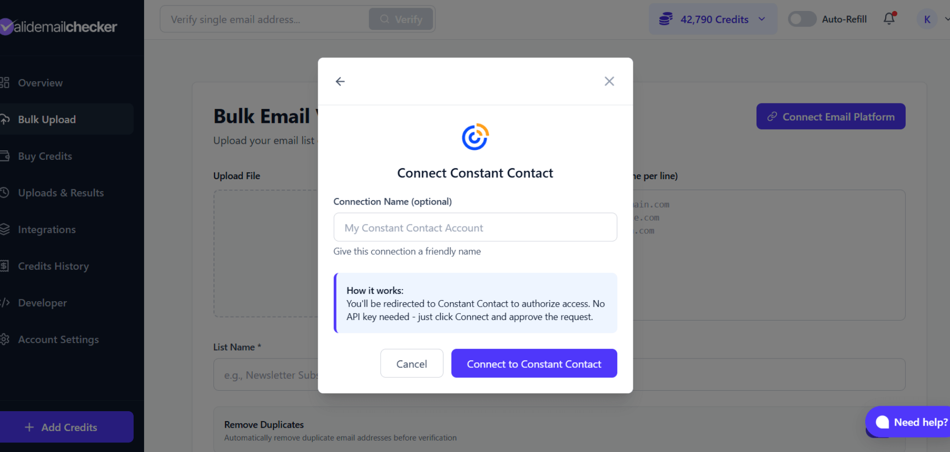 Constant Contact connection modal with OAuth explanation