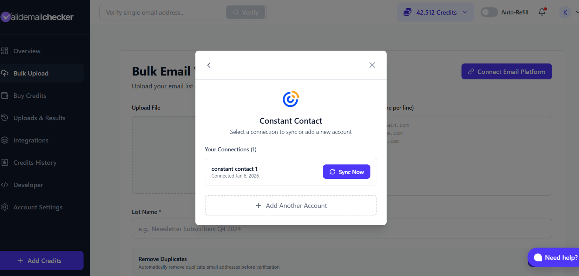 Connection picker showing existing connection and add account option
