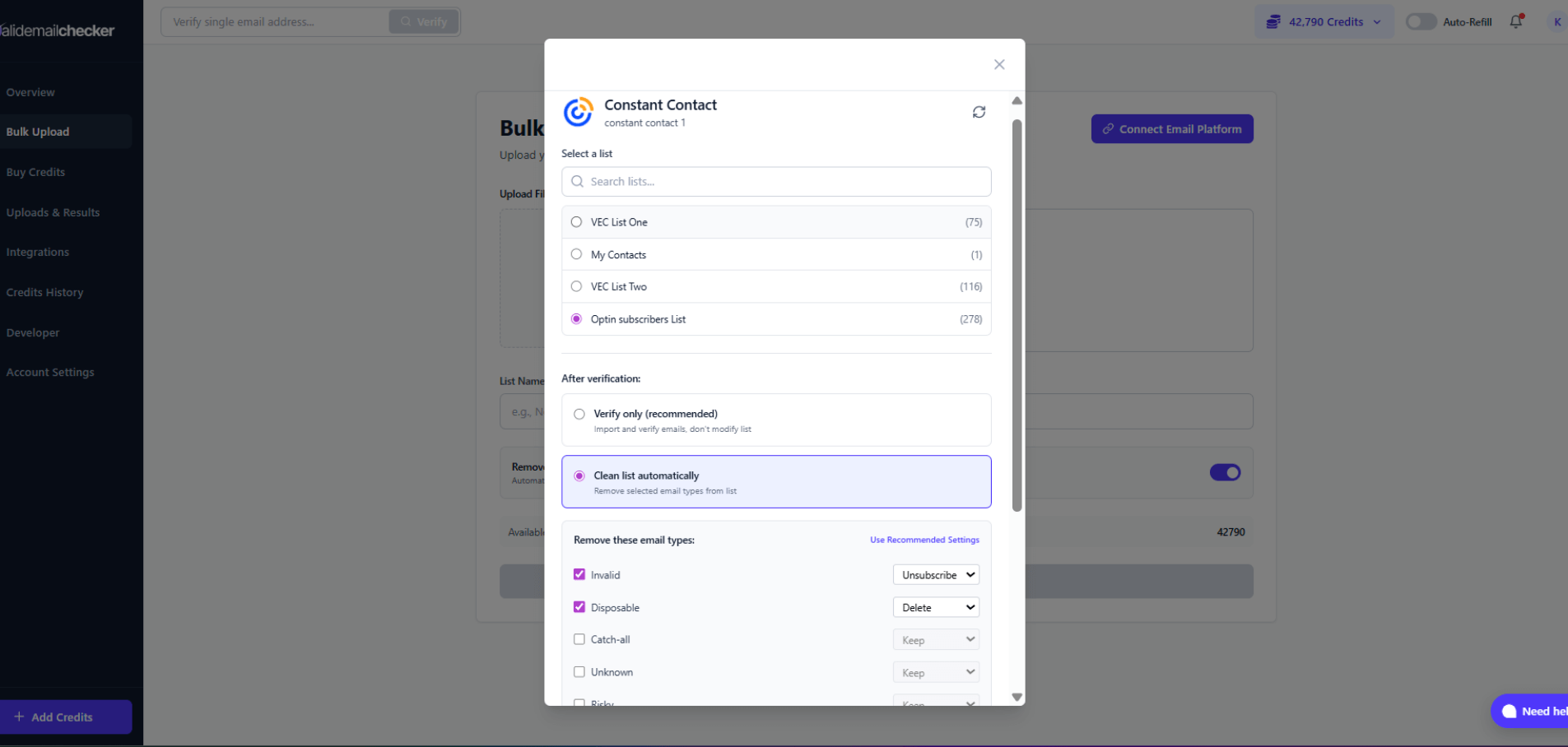 Constant Contact list selector with verification options