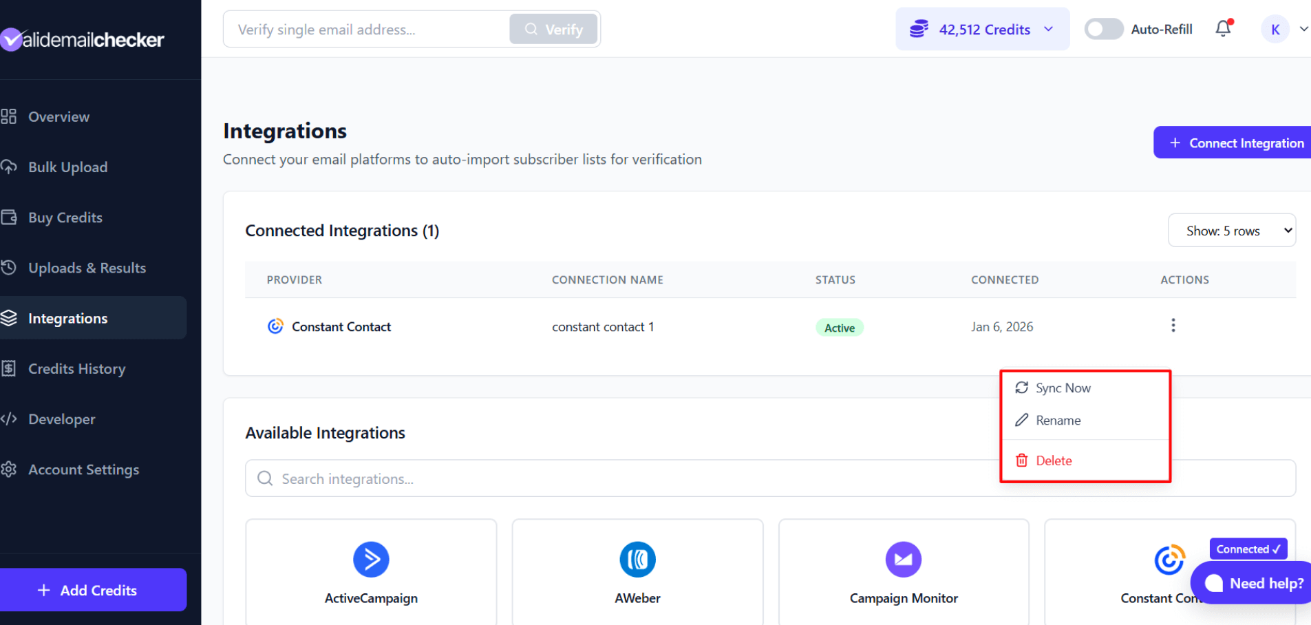 Integrations page showing connected Constant Contact account