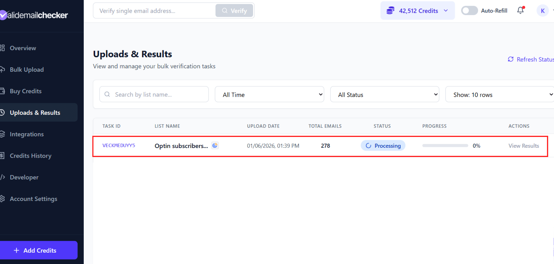 Uploads &amp; Results page showing Constant Contact verification tasks