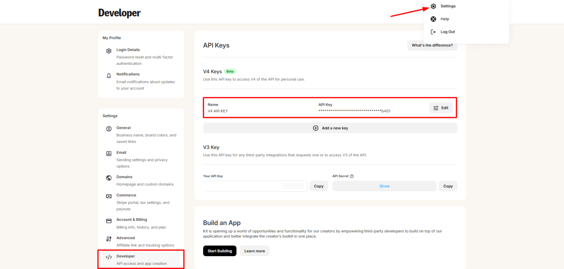 ConvertKit Developer settings showing V4 API Key location
