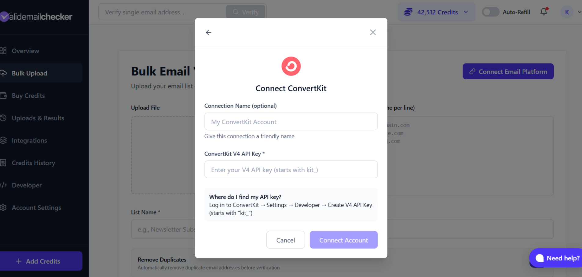ConvertKit connection modal requesting V4 API Key