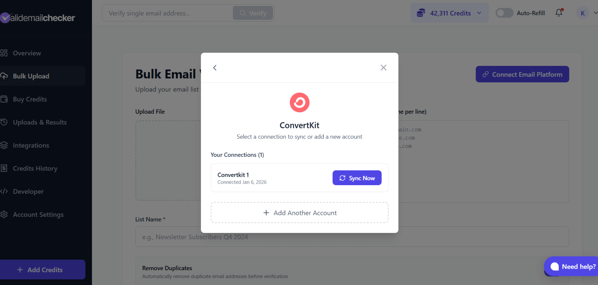 Connection picker showing multiple ConvertKit account option