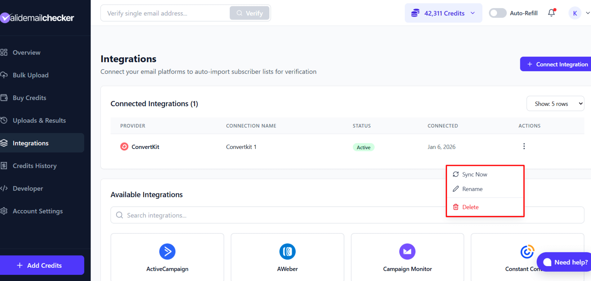 Integrations page showing ConvertKit connection with management options