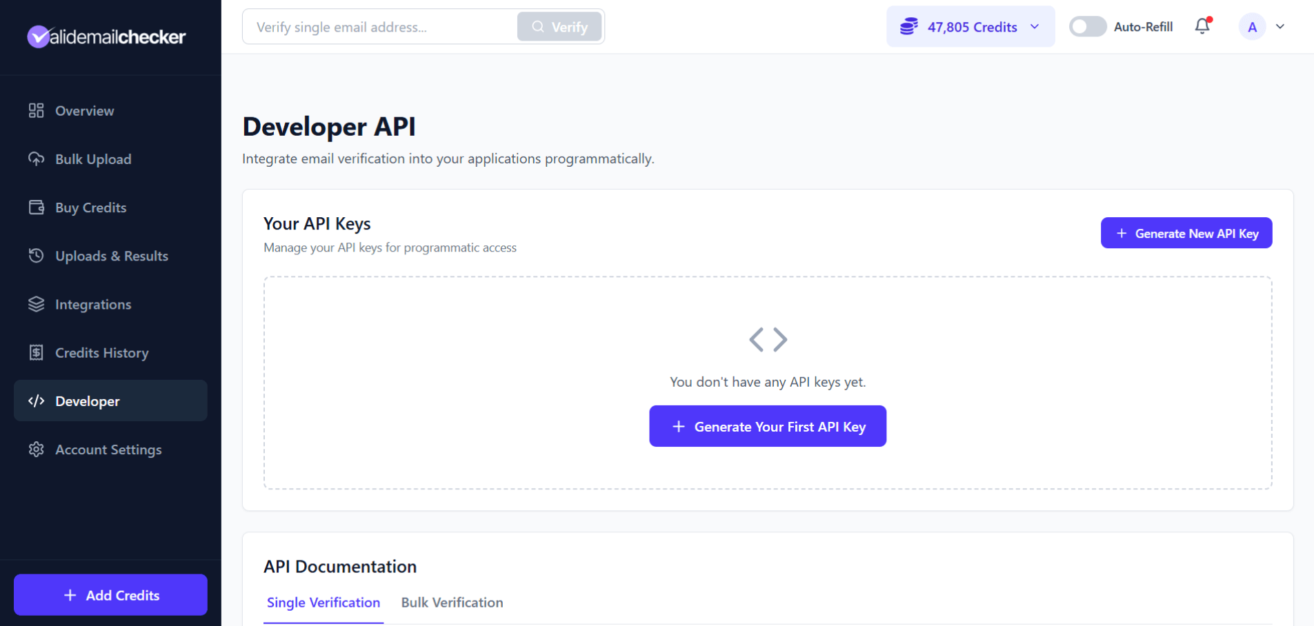 Developer API page showing API keys section