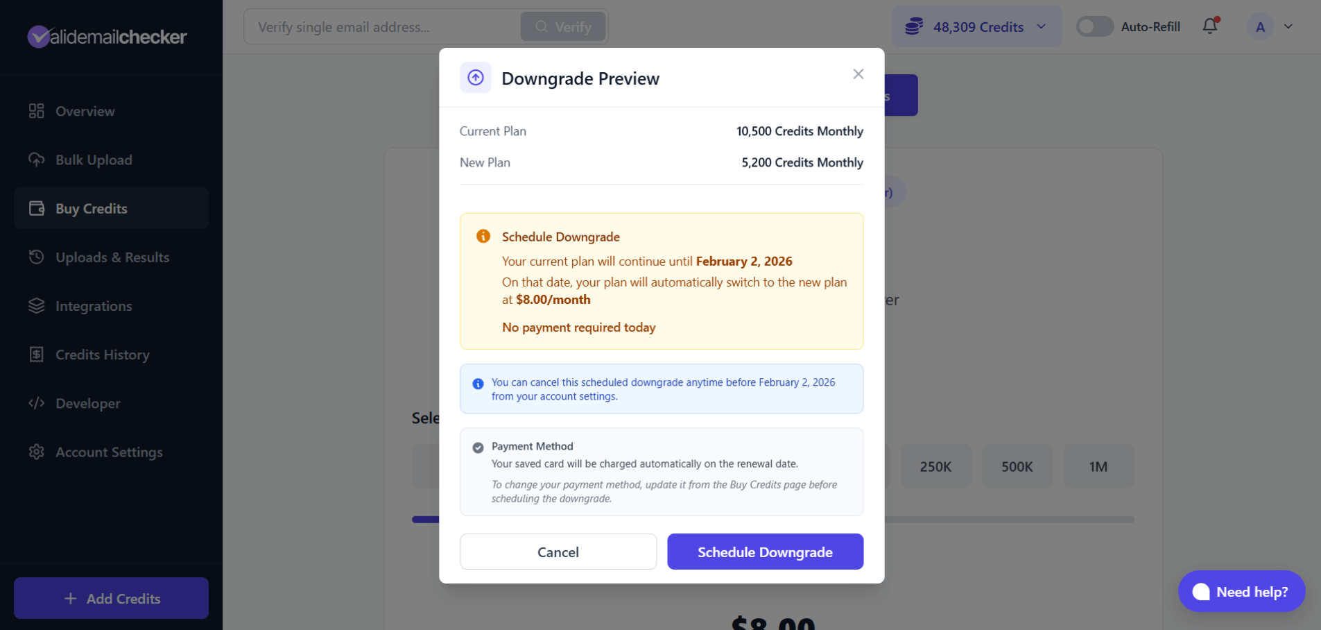 Downgrade Preview modal showing schedule details