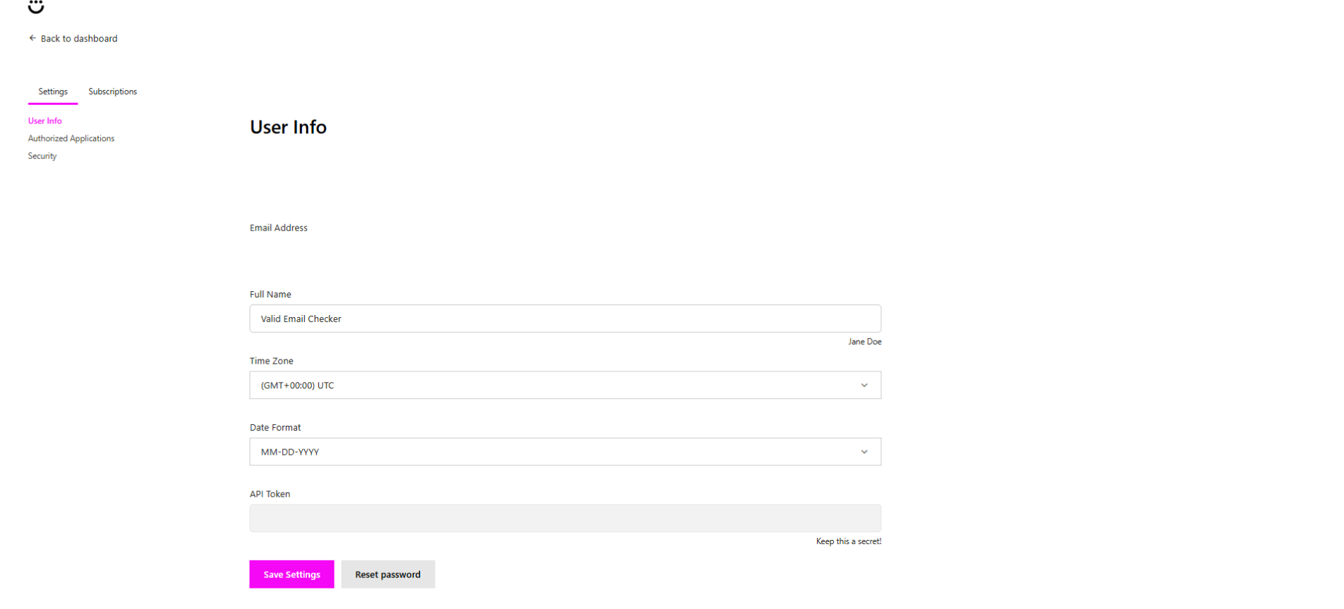 Drip User Info page showing the API Token field