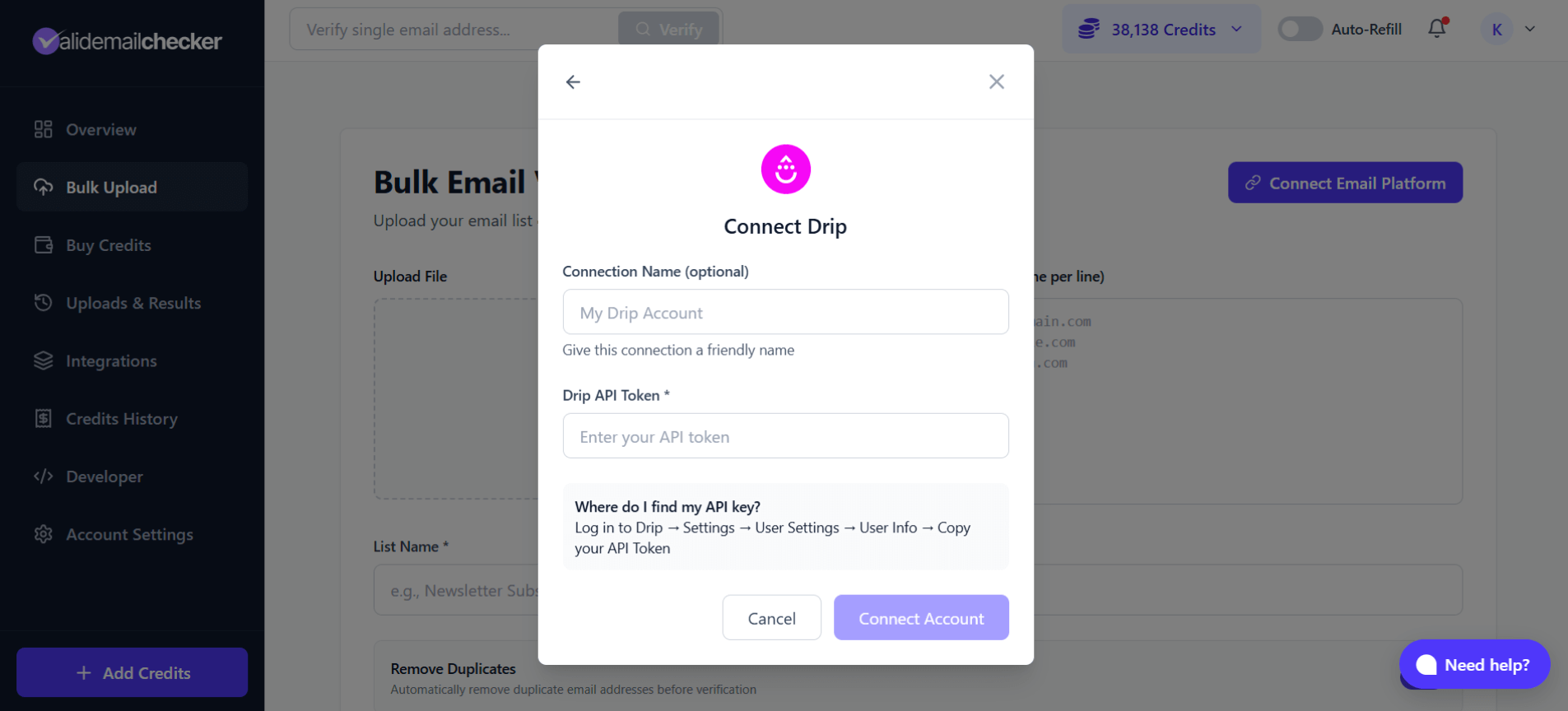 Valid Email Checker Connect Drip modal showing API token field