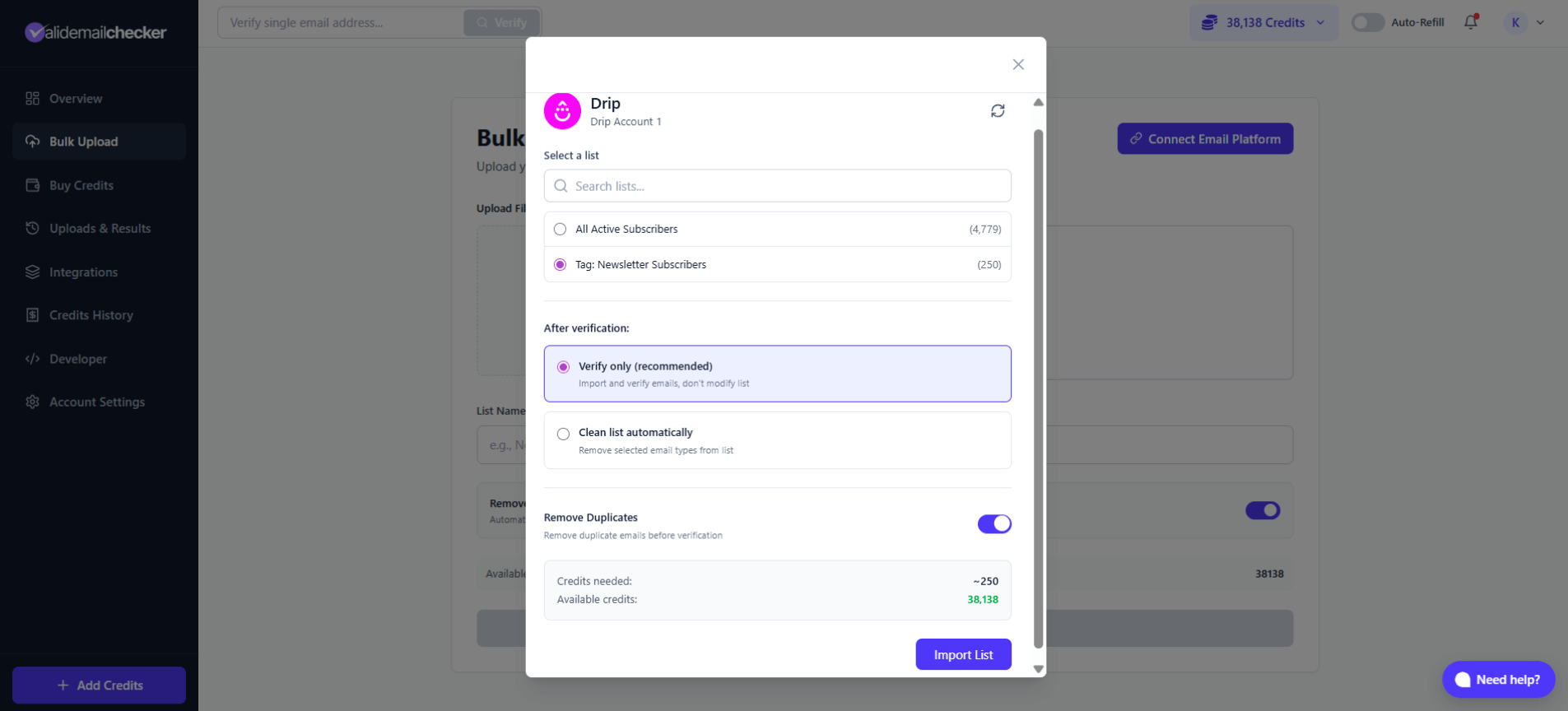 Drip list selection showing All Active Subscribers and Tag options