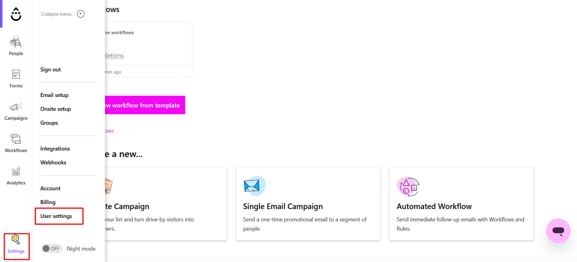 Drip dashboard showing Settings menu with User settings highlighted