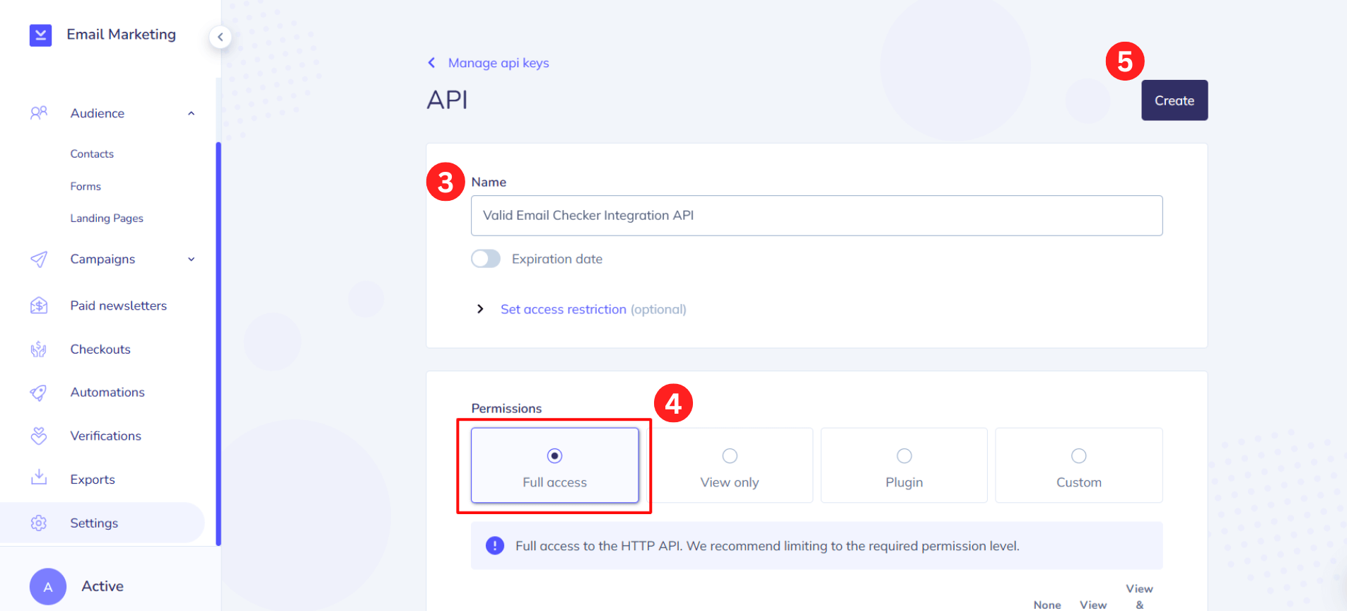 Elastic Email API key creation page with name field and Full access permission selected