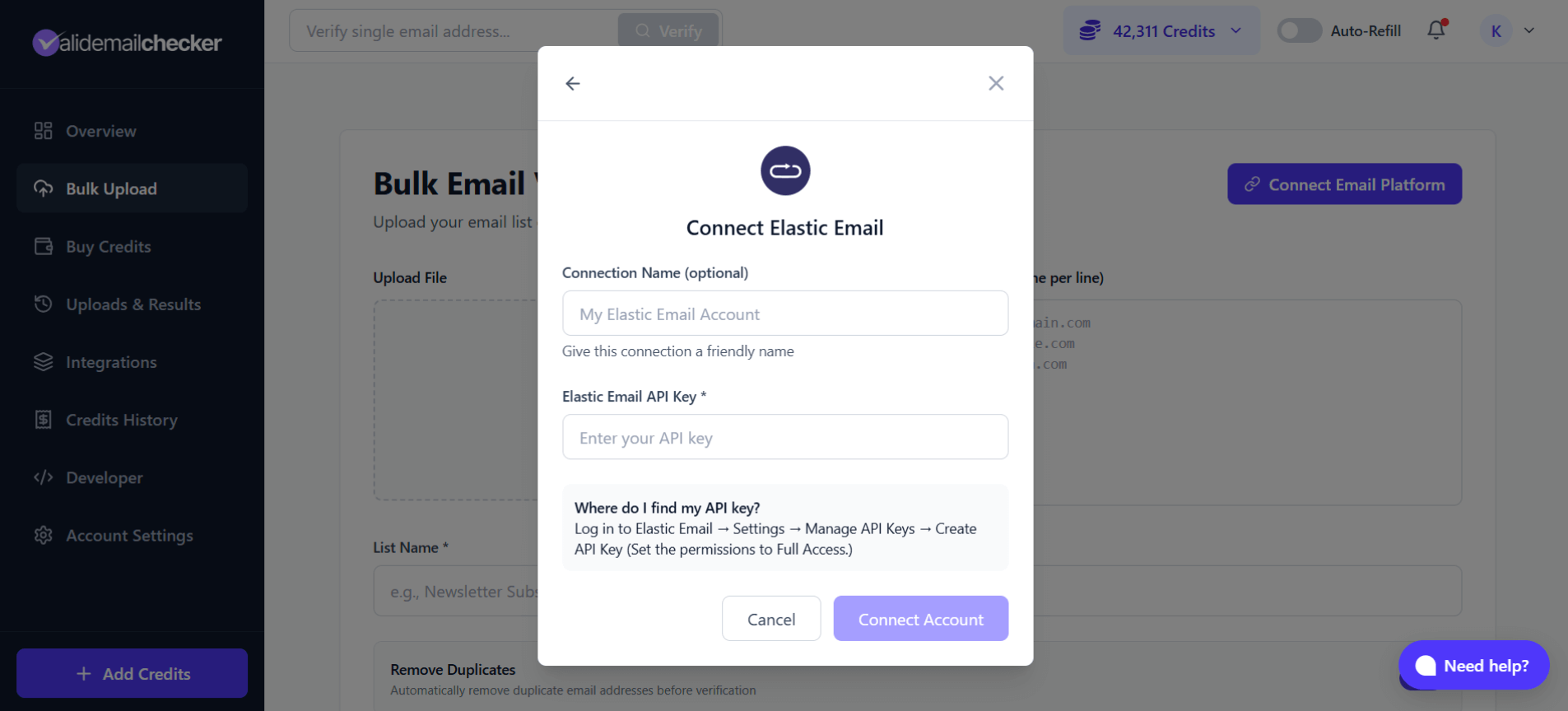 Valid Email Checker connect Elastic Email modal showing connection name and API key fields
